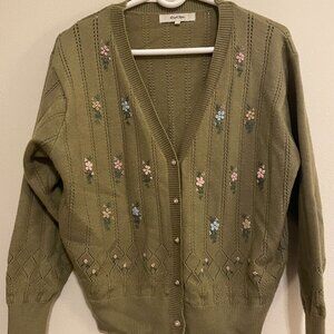 Simple Retro Cardigan Button Up Sweater Olive Green with Embroidered Flowers